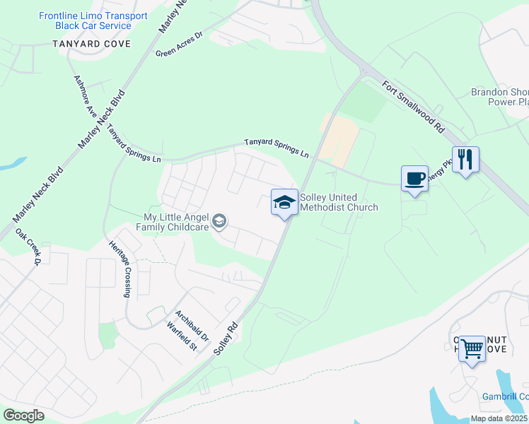 map of restaurants, bars, coffee shops, grocery stores, and more near 7608 Solley Road in Glen Burnie