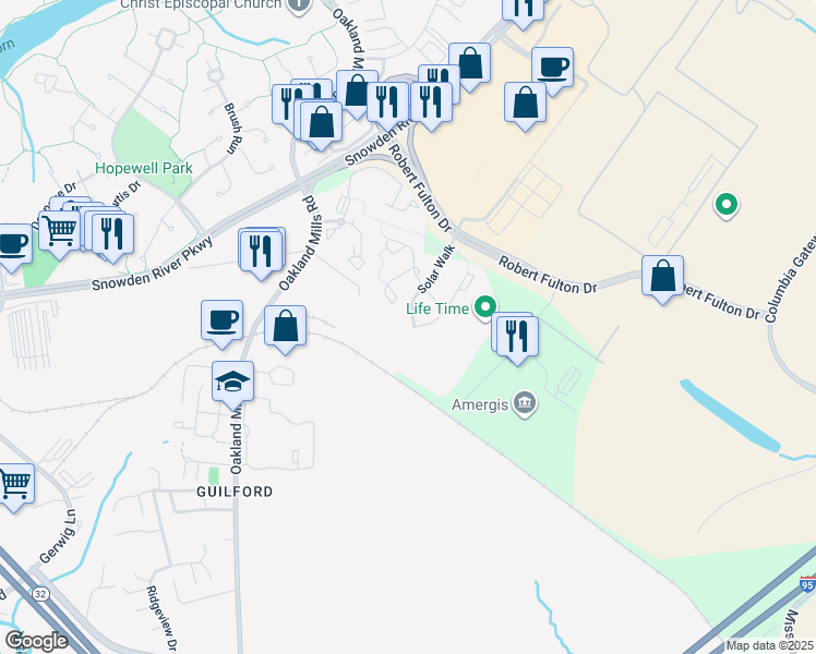map of restaurants, bars, coffee shops, grocery stores, and more near 7224 Solar Walk in Columbia
