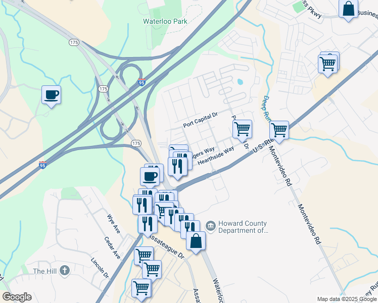 map of restaurants, bars, coffee shops, grocery stores, and more near 7134 Susans Pass in Elkridge