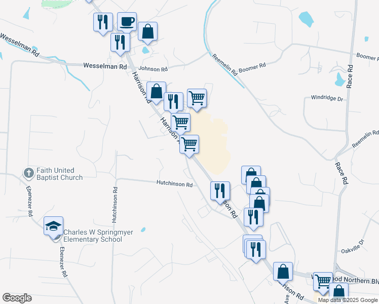 map of restaurants, bars, coffee shops, grocery stores, and more near 5885 Harrison Avenue in Cincinnati