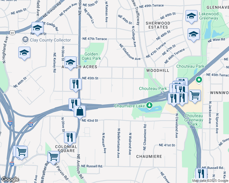 map of restaurants, bars, coffee shops, grocery stores, and more near 4401 North Agnes Avenue in Kansas City