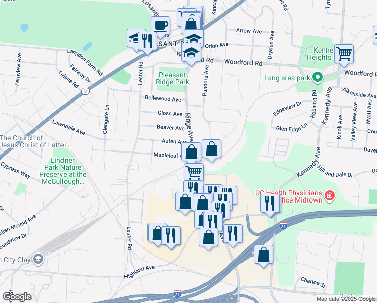 map of restaurants, bars, coffee shops, grocery stores, and more near 5601 Ridge Avenue in Cincinnati
