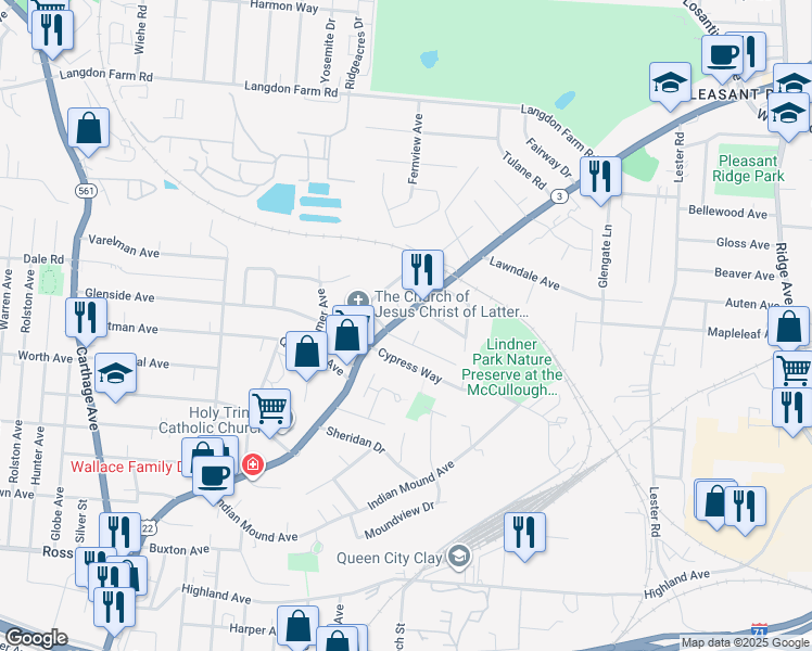 map of restaurants, bars, coffee shops, grocery stores, and more near 2523 Ridgeland Place in Cincinnati