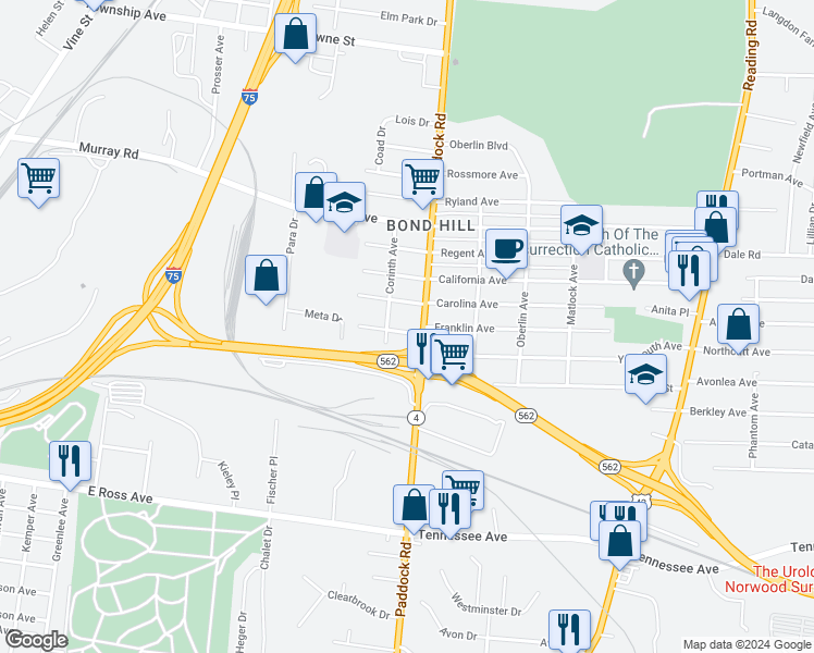 map of restaurants, bars, coffee shops, grocery stores, and more near 4817 Paddock Road in Cincinnati