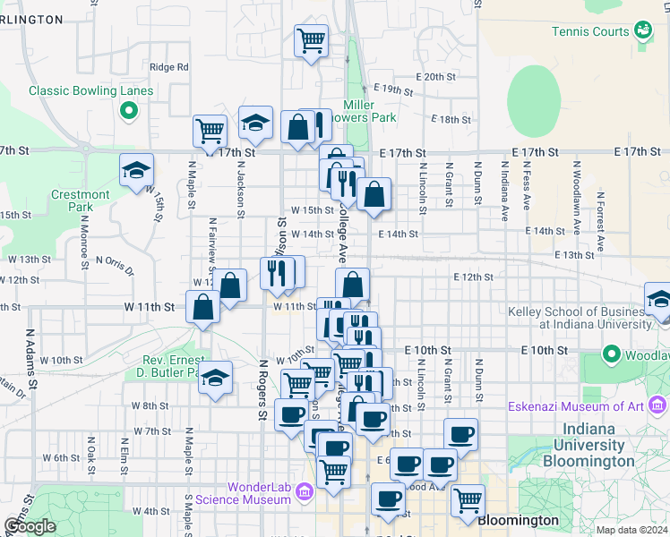 map of restaurants, bars, coffee shops, grocery stores, and more near 717 North College Avenue in Bloomington