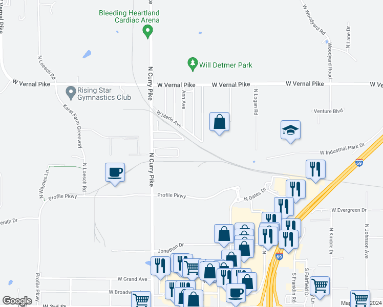 map of restaurants, bars, coffee shops, grocery stores, and more near 900 North Curry Pike in Bloomington