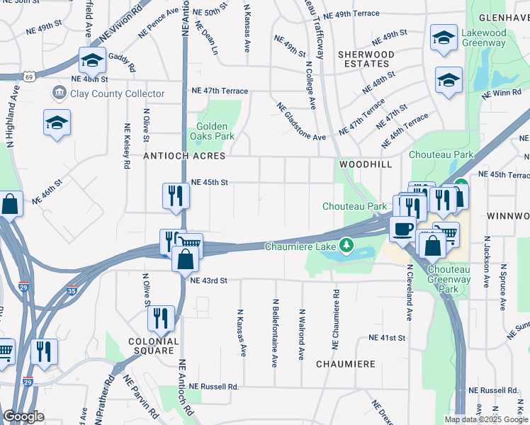 map of restaurants, bars, coffee shops, grocery stores, and more near 4401 North Agnes Avenue in Kansas City