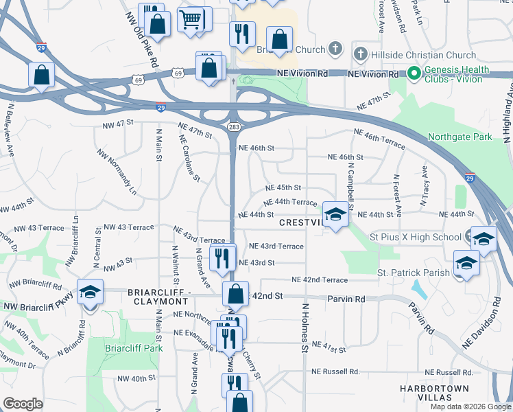 map of restaurants, bars, coffee shops, grocery stores, and more near 517 Northeast 44th Street in Kansas City