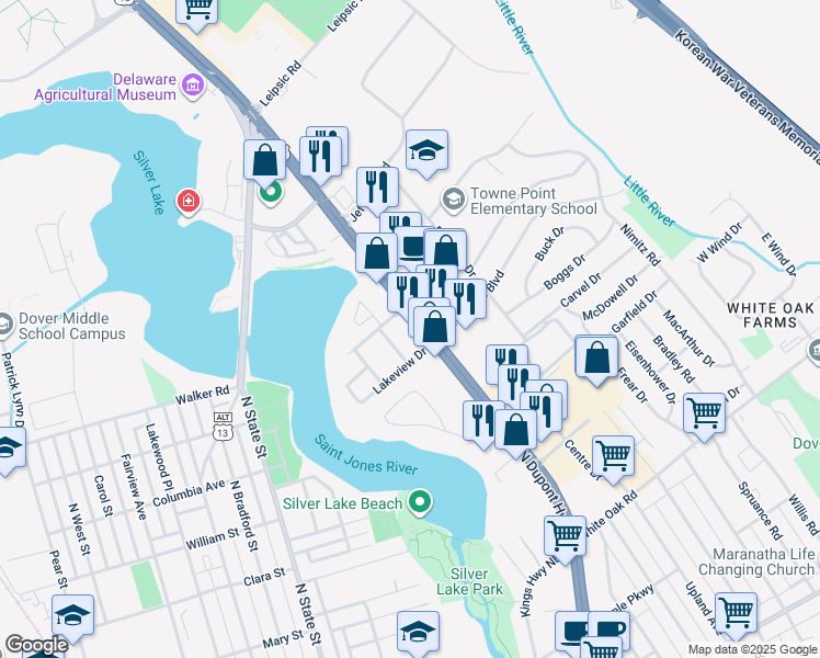 map of restaurants, bars, coffee shops, grocery stores, and more near 485 Dover Leipsic Road in Dover