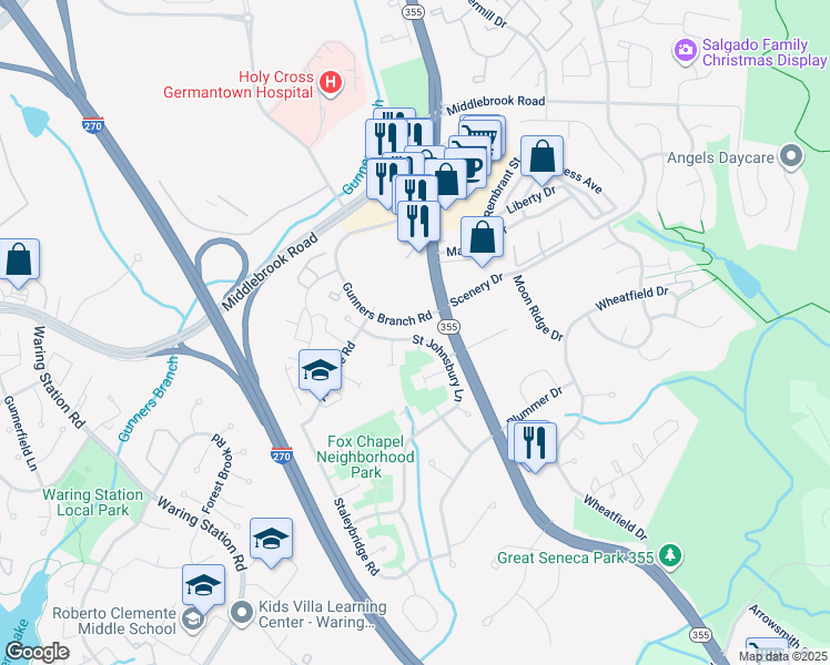 map of restaurants, bars, coffee shops, grocery stores, and more near 19429 Saint Johnsbury Lane in Germantown