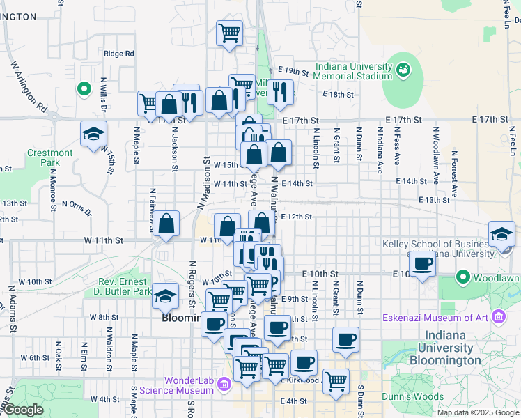 map of restaurants, bars, coffee shops, grocery stores, and more near 820 North College Avenue in Bloomington