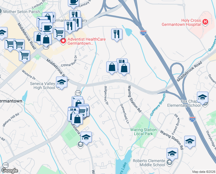 map of restaurants, bars, coffee shops, grocery stores, and more near 12421 Hickory Tree Way in Germantown
