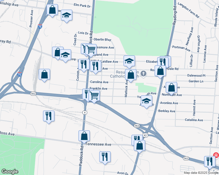 map of restaurants, bars, coffee shops, grocery stores, and more near 1400 Carolina Avenue in Cincinnati