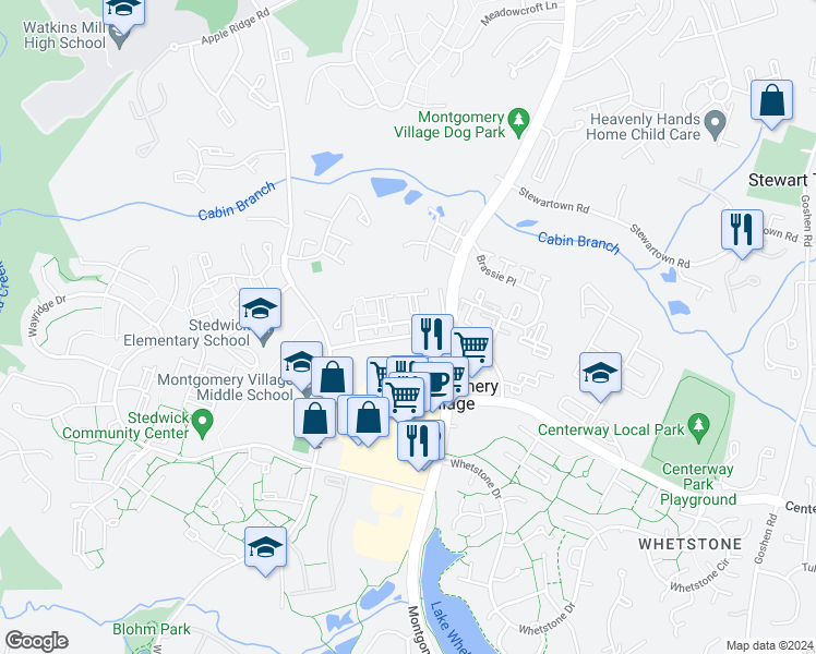 map of restaurants, bars, coffee shops, grocery stores, and more near 10102 Ridgeline Drive in Gaithersburg
