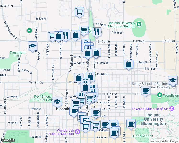map of restaurants, bars, coffee shops, grocery stores, and more near 820 North College Avenue in Bloomington