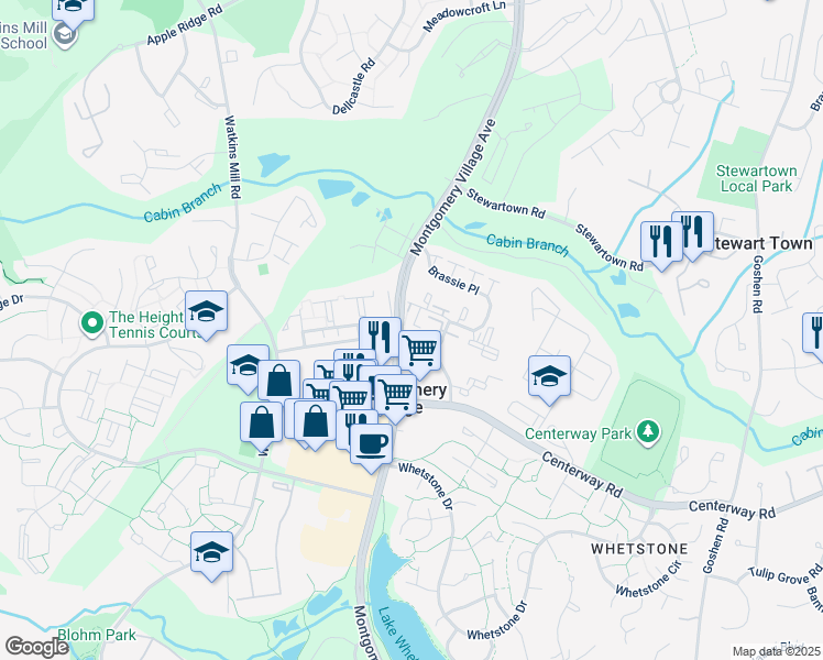 map of restaurants, bars, coffee shops, grocery stores, and more near 9644 Brassie Way in Gaithersburg