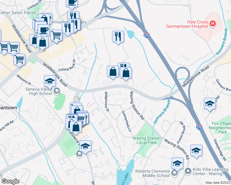 map of restaurants, bars, coffee shops, grocery stores, and more near 12407 Hickory Tree Way in Germantown