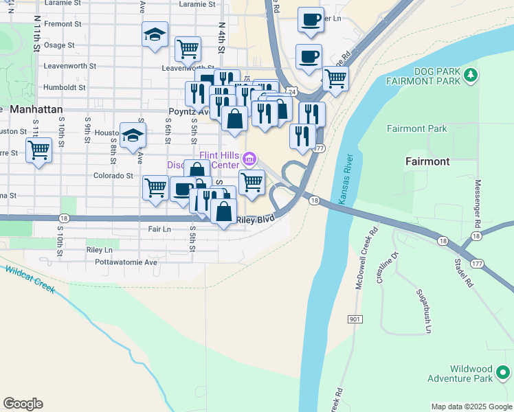 map of restaurants, bars, coffee shops, grocery stores, and more near 227 Blue Earth Place in Manhattan