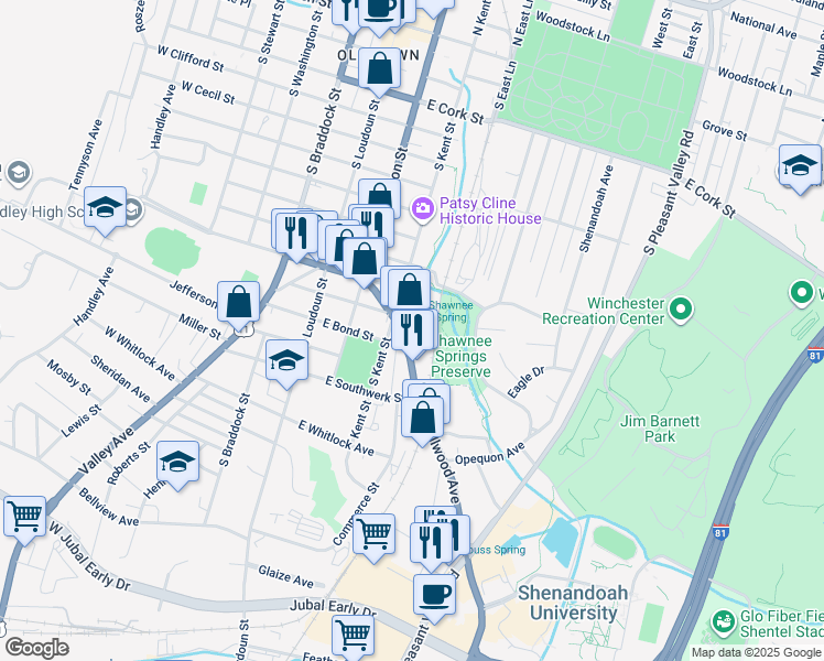map of restaurants, bars, coffee shops, grocery stores, and more near 908 South Kent Street in Winchester