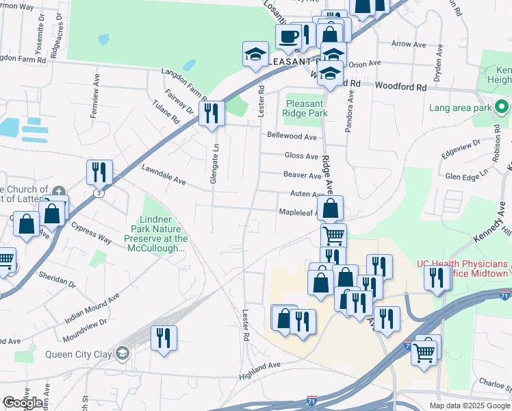 map of restaurants, bars, coffee shops, grocery stores, and more near 5621 Lester Road in Cincinnati