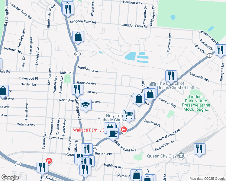 map of restaurants, bars, coffee shops, grocery stores, and more near 2240 Glenside Avenue in Cincinnati
