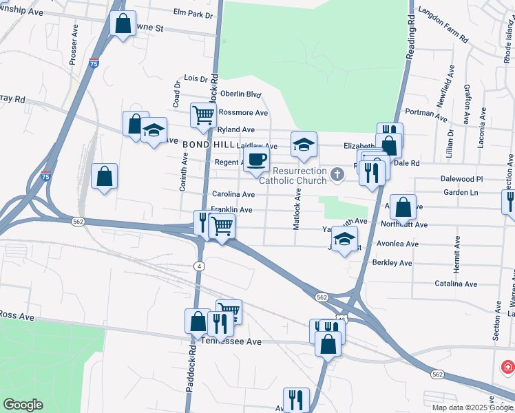map of restaurants, bars, coffee shops, grocery stores, and more near 1400 Carolina Avenue in Cincinnati