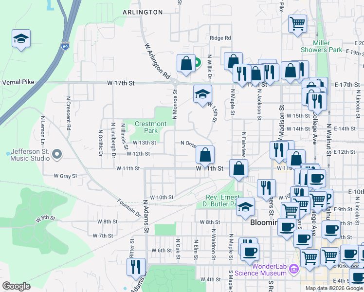 map of restaurants, bars, coffee shops, grocery stores, and more near 1006 North Monroe Street in Bloomington