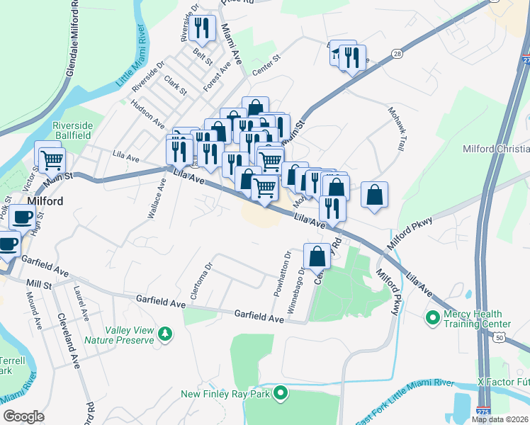 map of restaurants, bars, coffee shops, grocery stores, and more near 824 Main Street in Milford