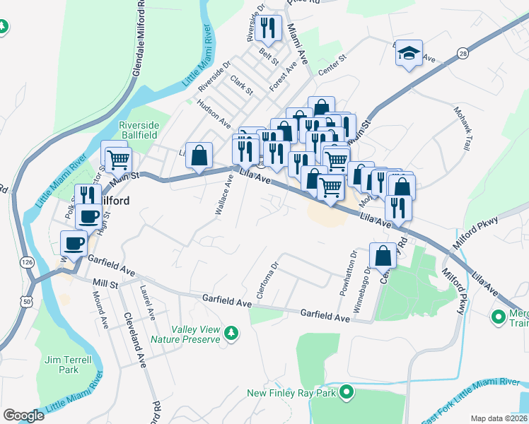 map of restaurants, bars, coffee shops, grocery stores, and more near 26 Robbie Ridge in Milford