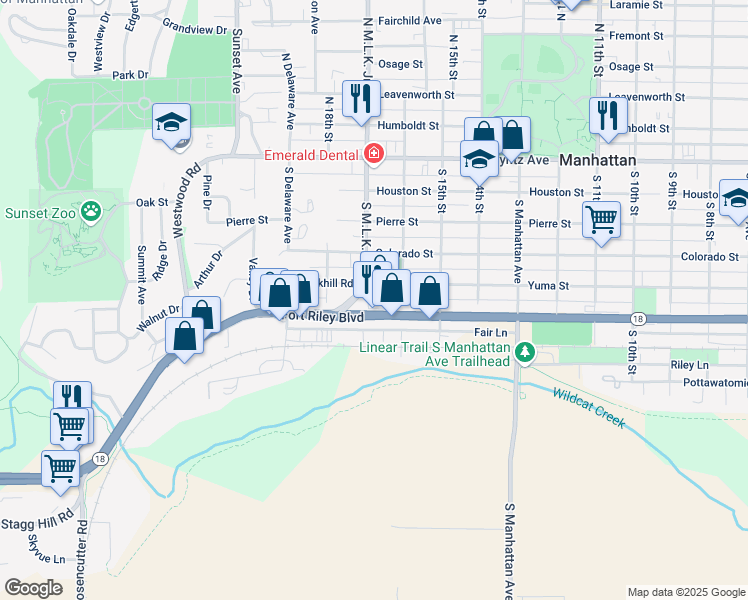 map of restaurants, bars, coffee shops, grocery stores, and more near 523 South Martin Luther King Junior Drive in Manhattan