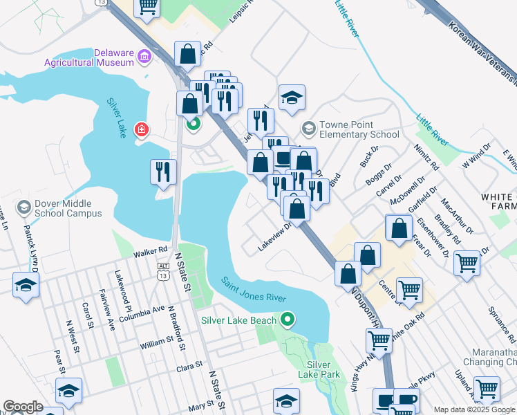 map of restaurants, bars, coffee shops, grocery stores, and more near 28 Chatham Court in Dover