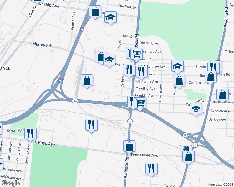 map of restaurants, bars, coffee shops, grocery stores, and more near 1120 Franklin Avenue in Cincinnati