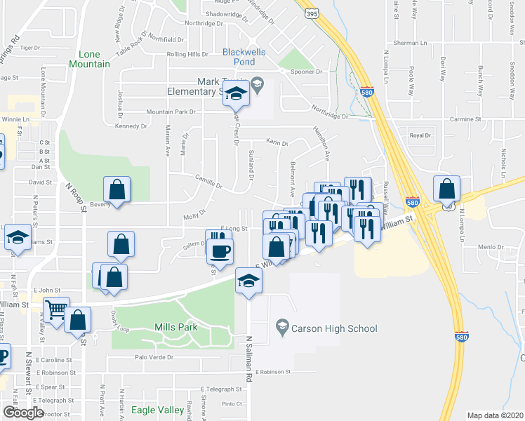 map of restaurants, bars, coffee shops, grocery stores, and more near 1700 Wendy Lane in Carson City