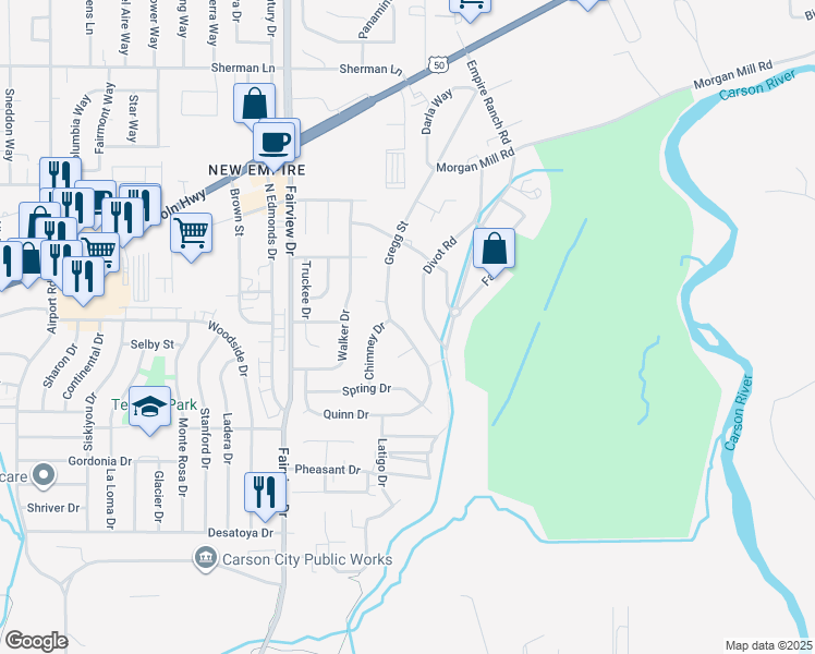 map of restaurants, bars, coffee shops, grocery stores, and more near 1545 Gregg Street in Carson City
