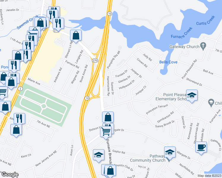 map of restaurants, bars, coffee shops, grocery stores, and more near 206 Sunset Drive in Glen Burnie