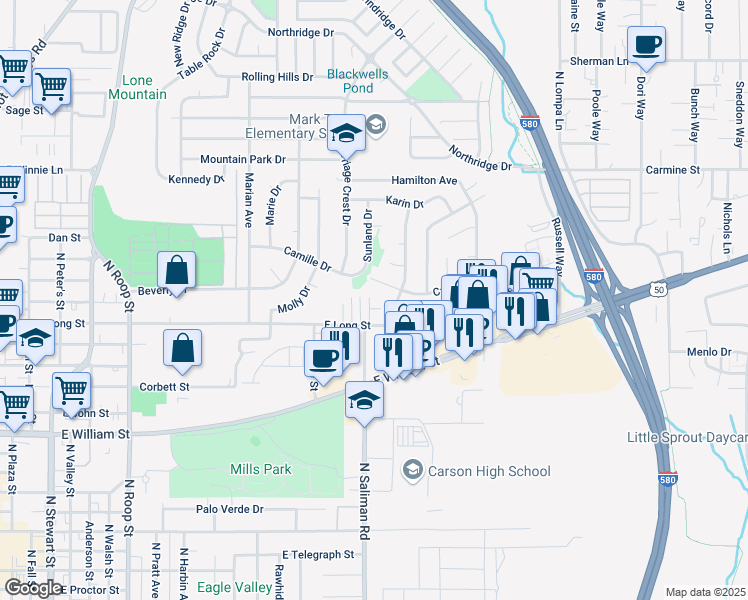 map of restaurants, bars, coffee shops, grocery stores, and more near 1765 Camille Drive in Carson City