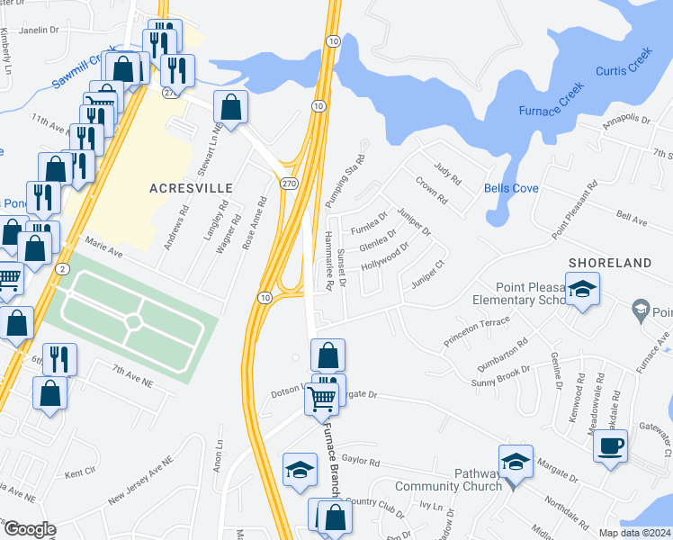 map of restaurants, bars, coffee shops, grocery stores, and more near 206 Sunset Drive in Glen Burnie