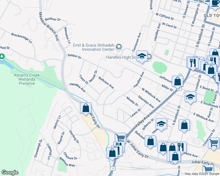map of restaurants, bars, coffee shops, grocery stores, and more near 1600 Van Couver Street in Winchester