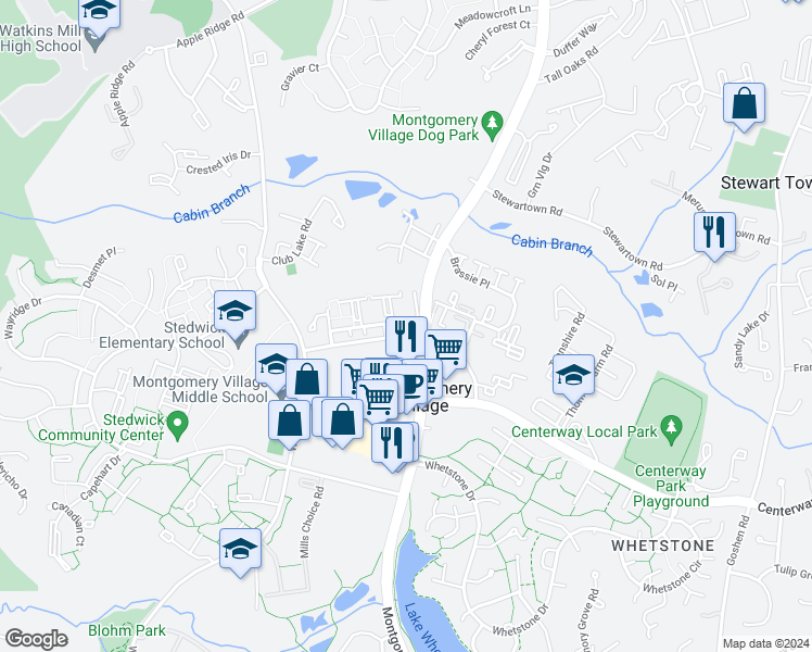map of restaurants, bars, coffee shops, grocery stores, and more near 9920 Ridgeline Drive in Montgomery Village