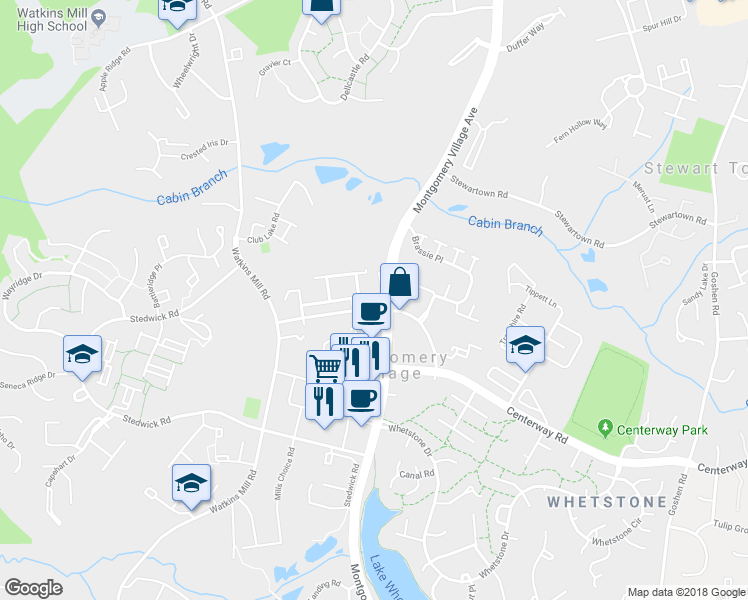 map of restaurants, bars, coffee shops, grocery stores, and more near 9912 Ridgeline Drive in Gaithersburg