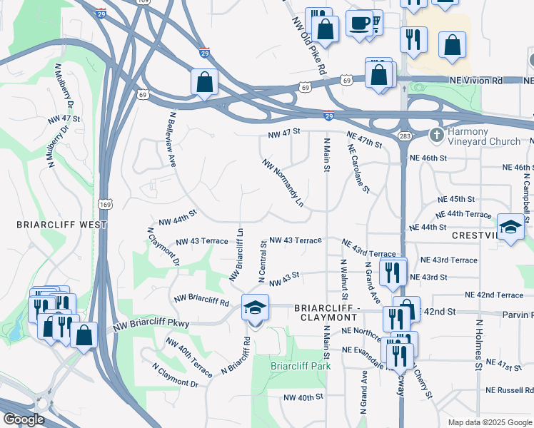 map of restaurants, bars, coffee shops, grocery stores, and more near 510 Northwest 44th Street in Kansas City