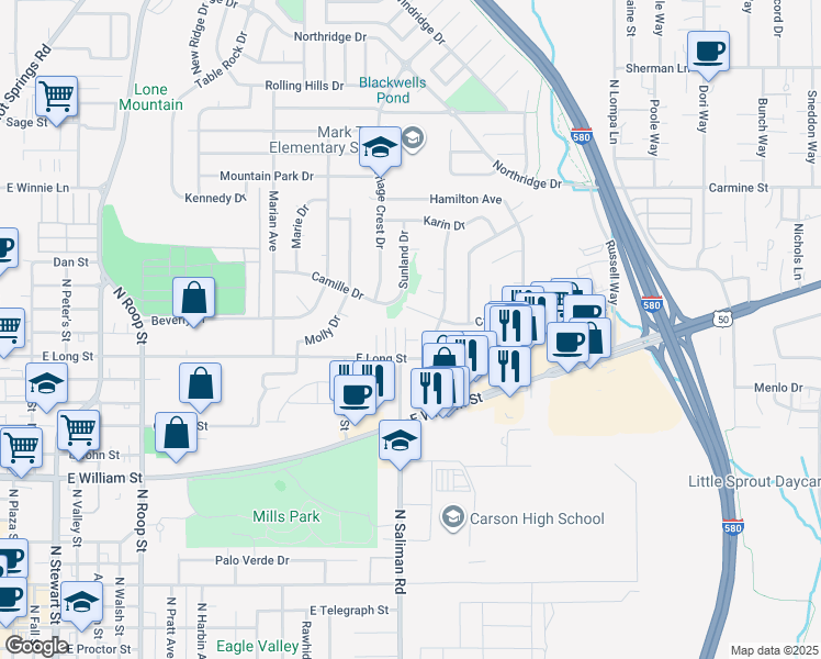 map of restaurants, bars, coffee shops, grocery stores, and more near 1765 Camille Drive in Carson City