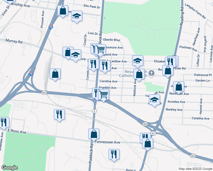 map of restaurants, bars, coffee shops, grocery stores, and more near 1216 Carolina Avenue in Cincinnati