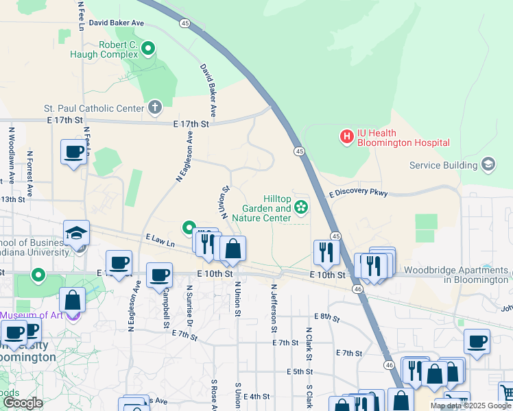 map of restaurants, bars, coffee shops, grocery stores, and more near 1130 N Union Ct in Bloomington