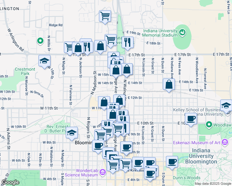 map of restaurants, bars, coffee shops, grocery stores, and more near in Bloomington