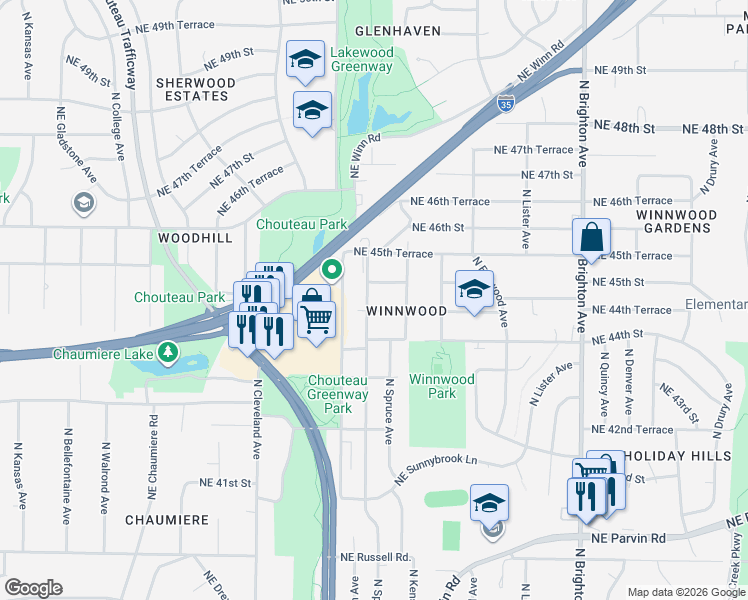 map of restaurants, bars, coffee shops, grocery stores, and more near 4213 Northeast 45th Street in Kansas City
