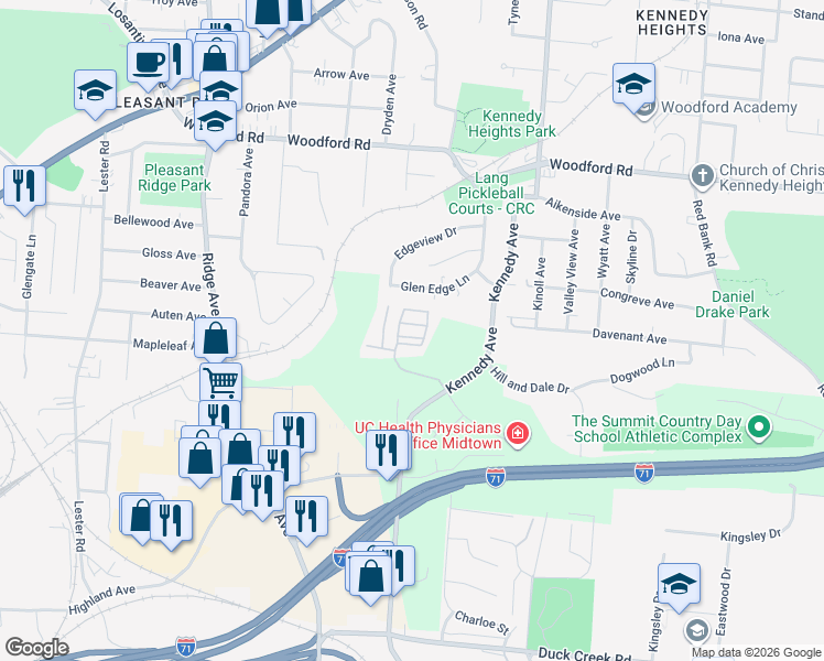 map of restaurants, bars, coffee shops, grocery stores, and more near 5601 View Pointe Drive in Cincinnati