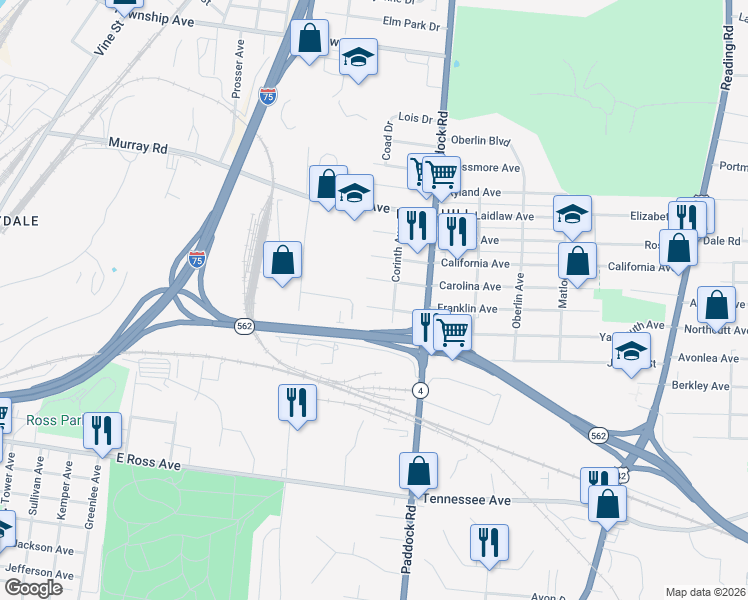map of restaurants, bars, coffee shops, grocery stores, and more near 1116 Franklin Avenue in Cincinnati