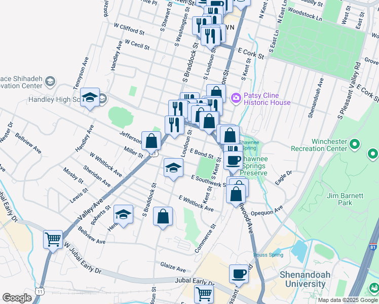 map of restaurants, bars, coffee shops, grocery stores, and more near 5 East Bond Street in Winchester