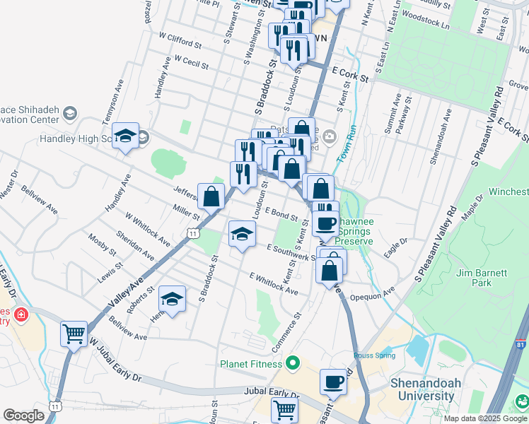 map of restaurants, bars, coffee shops, grocery stores, and more near 5 East Bond Street in Winchester
